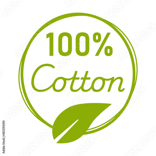 100 percent Cotton Green Round Circle Badge Sticker Stamp Info Label Sign Icon for Product and Package with Leaf Symbol. Vector Image.	

