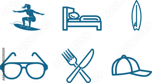 Isolated Travel and Vacation Icon Set Featuring Summer Beach Activities and Relaxation Amenities in a Minimalist Blue Outline Design Perfect for Website Graphics and Holiday Packages