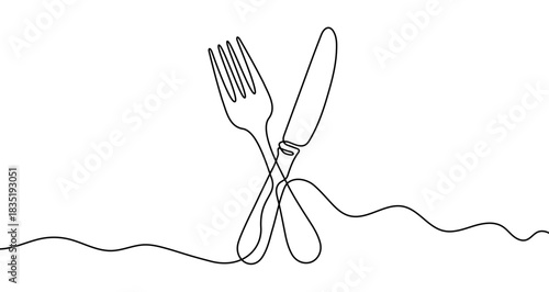 Continuous one line drawing of a crossed dining fork and knife. Utensils drawing with editable black stroke on white background. Vector illustration.