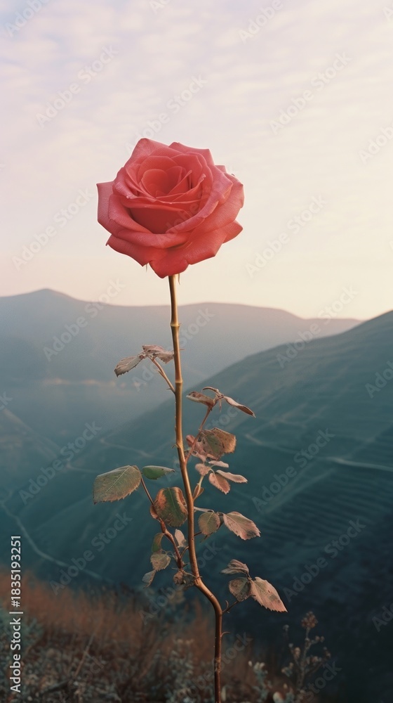 Fototapeta premium Photography of minimal Rose with hillside landscape rose flower plant.