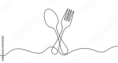 Continuous one line drawing of a crossed dining spoon and fork. Utensils drawing with editable black stroke on white background. Vector illustration.