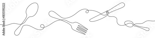 Continuous one line drawing of dining utensils: spoon, fork, and knife. Composition of cutlery with editable black stroke on white background. Vector illustration.