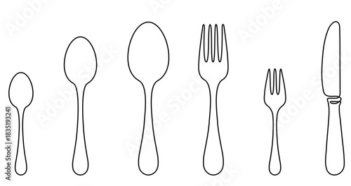 Set of linear icons of fork and knife. Black outlined cutlery placed horizontally isolated on white background. Vector illustration.