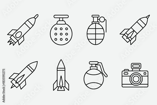 Anti,Tank Weapons Icons, a detailed outline collection featuring ranked rocket launchers, recoilless rifles, guided missiles, anti-tank mines, and shaped charges for professional military infographic 