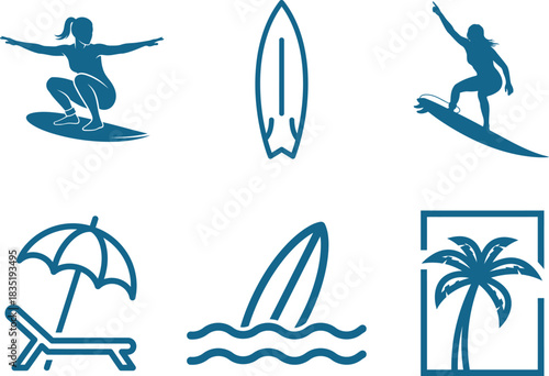 Summer Beach Activities Vector Icons Set Featuring Surfing Relaxation and Tropical Elements for Travel and Vacation Designs Offering a Blue Outline Silhouette