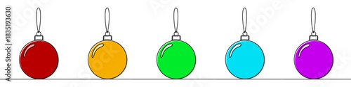 Christmas balls icon. Five colored Christmas tree decorations, written in one continuous line. Vector illustration of a holiday
