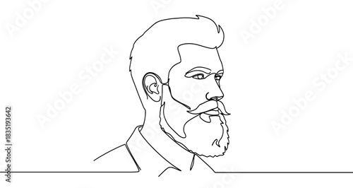 Bearded man icon. Profile of a man in a suit with a beard and mustache, written in one continuous line. Vector illustration