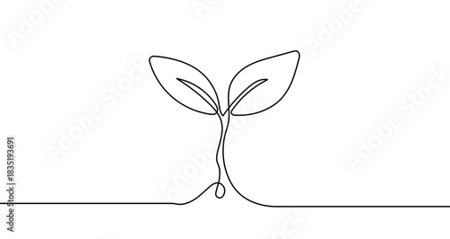 Continuous one line drawing of a young plant sprout with two leaves growing from the ground. Plant drawing with editable black stroke on white background. Vector illustration.