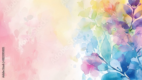 watercolor floral background, pastel rainbow colors, cottagecore style, on the right side of the page only, empty left side.