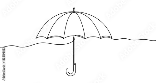 Continuous one line drawing of an open umbrella for rain protection. Drawing of a protective accessory with editable black stroke on white background. Vector illustration.