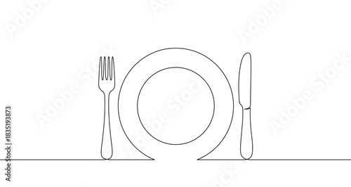 Continuous one line drawing of a plate, fork, and knife. Drawing of a dining table setting with editable black stroke on white background. Vector illustration.