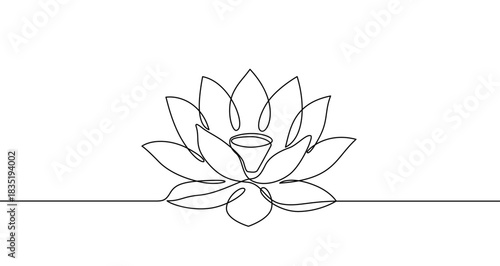 Continuous one line drawing of a lotus flower with many petals. Drawing of a floral plant with editable black stroke on white background. Vector illustration.