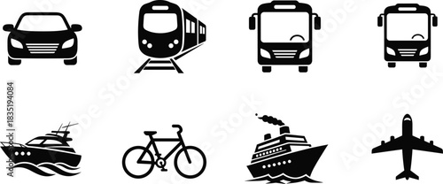 Vector Icon Set of Common Transportation Methods, Including Car, Train, Bus, Yacht, Bicycle, Cruise Ship, and Airplane, Ideal for Travel, Logistics, and Mapping Graphics
