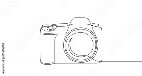 Continuous one line drawing of a digital photo camera or SLR camera. Drawing of a lens with editable black stroke on white background. Vector illustration.