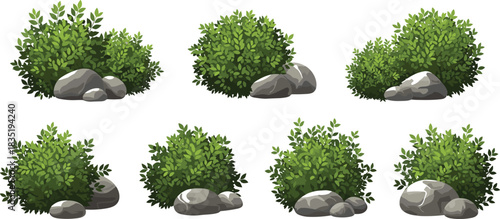 Vector Illustration Set of Six Lush Green Bushes and Small Rocks, Representing Natural Landscape, Garden Boundary, and Outdoor Scenery Elements.