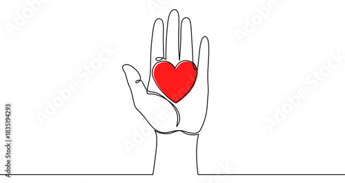 Continuous one line drawing of an open palm holding a red heart silhouette. Drawing of love and care with editable black stroke on white background. Vector illustration.