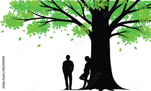 Vibrant vector illustration featuring a couple standing near a massive tree with bright green foliage, conveying themes of stability, peace, and natural environment love