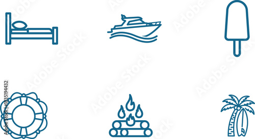Summer vacation and travel icons featuring yacht campfire ice cream lifeguard buoy bed and palm tree with surfboard perfect for seasonal designs and travel blogs