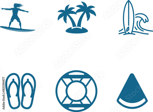 Summer Vacation Elements in Vector Format Featuring Surfer Palms Surfboard Wave Flip Flops Life Preserver and Watermelon Slice Representing Tropical Beach Vibes and Relaxing Holiday Activities
