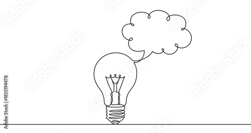 Continuous one line drawing of a light bulb with a thought bubble, symbolizing a new idea. Drawing of an insight with editable black stroke on white background. Vector illustration.