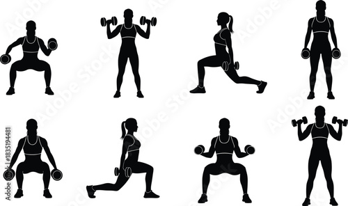 Woman Lifting Dumbbell Silhouette Set, Fitness Training, Weightlifting, Bodybuilding, Squat, Lunge, and Workout Exercise Icon, Isolated Vector Design