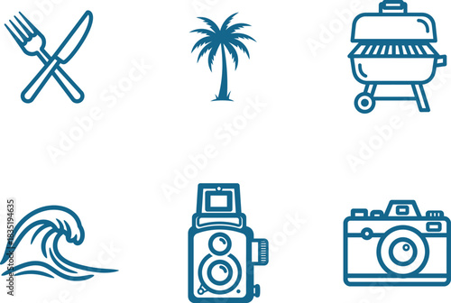 Summer Vacation Holiday Vector Icons Set Featuring Food Palm Tree Barbecue Grill Ocean Wave and Cameras for Travel Photography and Culinary Adventures
