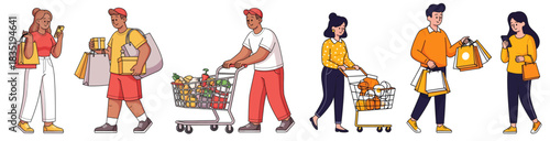 Diverse group of illustrated people shopping, carrying bags, and pushing carts with groceries, depicting various consumer activities.
