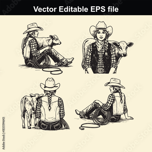 collection of four vintage style black and white vector illustrations depicting a cowgirl sitting with a calf or young cow in various poses, perfect for western themes