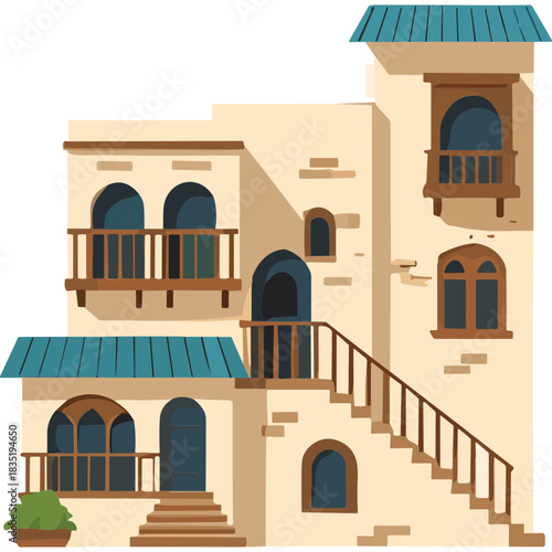 Traditional Arabian Architecture Featuring A Multi Level Building With Blue Tiled Roofs And Wooden Balconies With Staircase Leading To Upper Floors Under Bright Sunlight