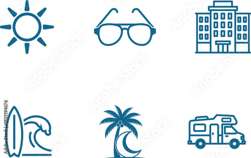 Summer Vacation Icon Set Featuring Sunny Weather Stylish Sunglasses Beachside Hotel Surfing Waves Palm Trees and a Cozy Camper Van for Memorable Road Trips