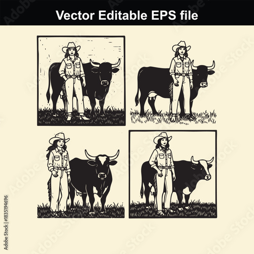 four black and white vector illustrations depicting a cowgirl standing next to a bull or steer in various poses, suitable for western or ranch themes