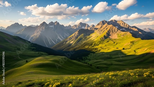 Fototapeta Naklejka Na Ścianę i Meble -  Lush green mountain valley landscape scenic alpine meadow under blue sky natural beauty
