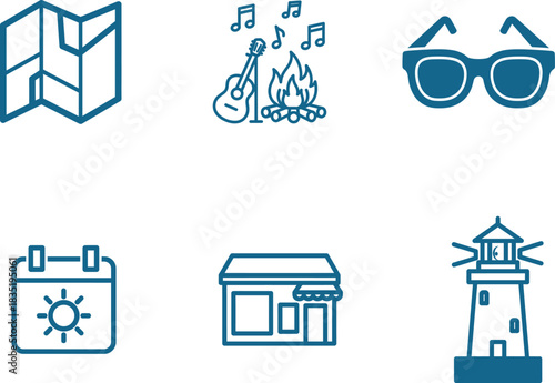 Summer vacation outline icons set depicting travel planning music campfire seaside shopping