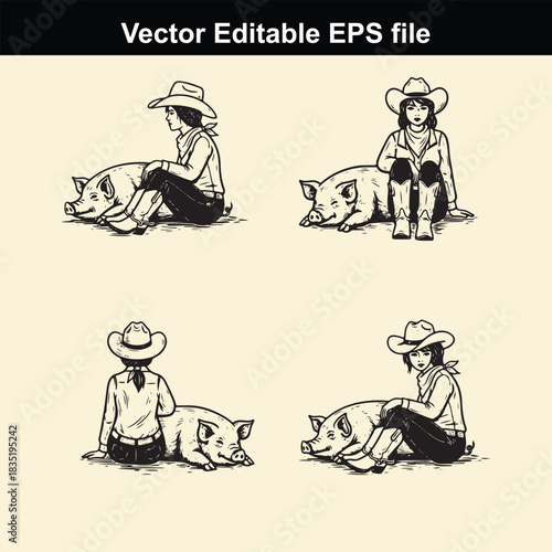 collection of four black and white vector illustrations depicting cowgirls sitting beside and petting their pet pigs in various poses, perfect for farm or western themes