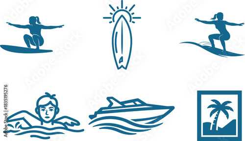 Summer Water Activities Vector Icons Set for Vacation Holiday Design and Beach Recreation Featuring Surfing Swimming Boating and Tropical Landscape with Palm Trees
