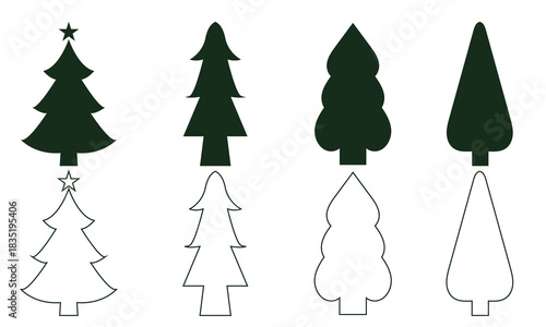Simple Christmas Tree Icons for Design Projects. A set of minimal Christmas tree icons in filled and outline styles, useful for holiday graphics, nature themes, and modern design elements.

