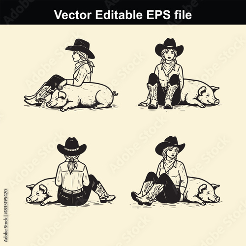 four vector illustrations depicting cowgirls wearing cowboy hats and boots sitting next to or on top of pigs in various poses, suitable for farm or western themes