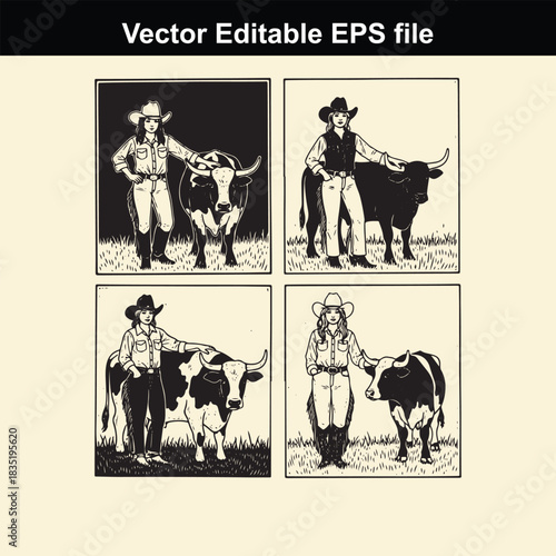 collection of four vintage style vector illustrations depicting cowboys and cowgirls standing next to various breeds of cattle in a western ranch setting
