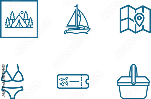 Vacation planning icons illustration of summer travel elements camp sailing navigation swimwear ticket picnic and adventure tourism summer holiday trip planning vacation and recreation concept