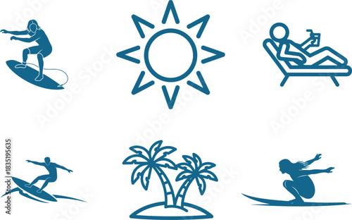 Tropical beach vector illustration set featuring surfing sunbathing palm trees and a bright sun representing a relaxing summer vacation and outdoor lifestyle