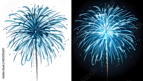 Vibrant blue fireworks display against white and black backgrounds