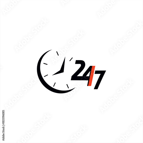 24 and 7 Service Icon with Clock – Minimalist Support and Working Hours Logo Design