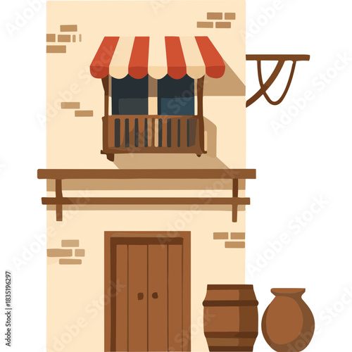 Traditional Mediterranean Building Facade with Red and White Awning Wooden Doors and Barrels on a Sunny Day