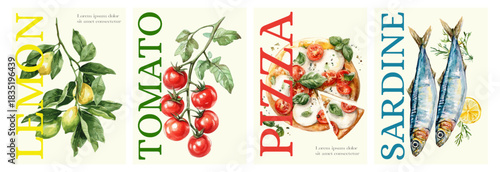 Italian poster set with Mediterranean lemons, pizza slices, lemon branch and tomatoes with sardine. Vintage watercolor illustrations are perfect for menu designs, travel flyers and summer.