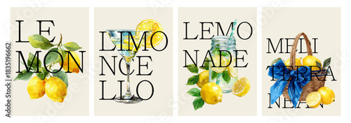 Bright Italian poster with lemons and coastal motifs. Mediterranean summer design with watercolor Amalfi elements, fresh lemons and decorative lettering for travel prints.