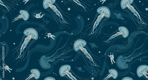 elegant space jelly gliding with astronauts among planets a surreal interstellar dreamscape ideal for illustrating otherworldly adventures and cosmic tales