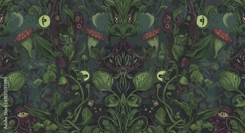 enchanted botanical garden illustration with glowing eyes and carnivorous plants for a whimsical dark fantasy themed backdrop perfect for fantasy artwork