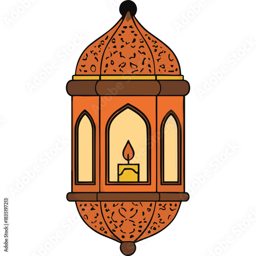 Traditional Moroccan Lantern With Lit Candle Inside Warm Orange Glow Intricate Metalwork Details Hanging Ornate Decorative Lighting Element