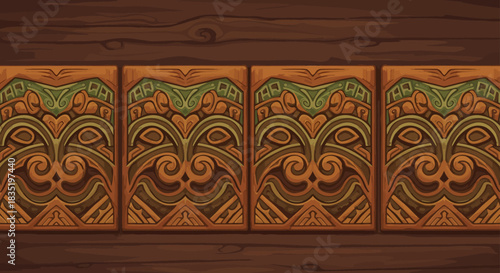 hand carved polynesian pattern on wooden panels decorative wood art with tribal motifs ideal for cultural projects and traditional designs.