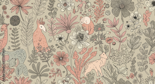 Hand drawn boho floral vector pattern with charming animals amidst foliage perfect for textile design and whimsical backgrounds